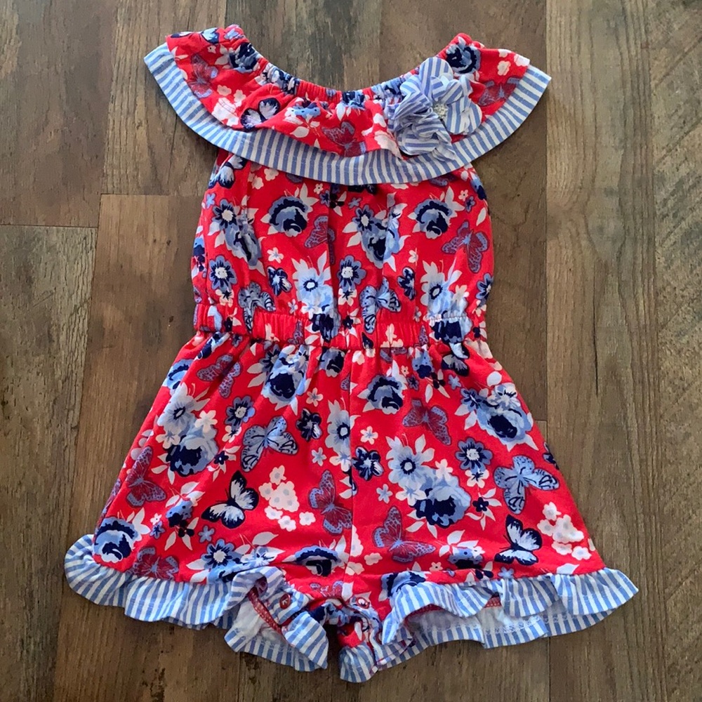 Girls' Red Floral Off-Shoulder One-Piece Romper